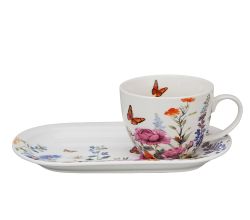 DUO Flowers Classic SUMMER Frühstücks-Set Tasse 450 ml mit langem Unterteller, New Bone China Porzellan