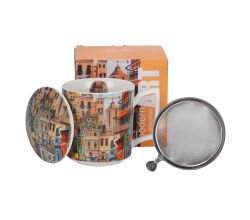 DUO Becher 450 ml mit Teesieb MODERN SWEET CITY New Bone China Porzellan