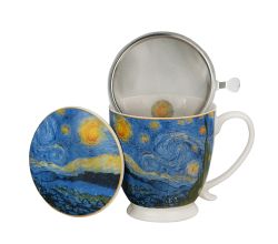 DUO ART GALLERY Becher 500 ml mit Fuß und Teesieb STARRY NIGHT inspired by Van Gogh, New Bone China Porzellan