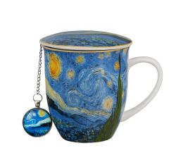DUO ART GALLERY Becher 400 ml mit Teesieb STARRY NIGHT inspired by Van Gogh, New Bone China Porzellan
