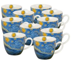 10er SET DUO ART GALLERY Becher 460 ml in Tragetasche STARRY NIGHT inspired by Van Gogh, New Bone China Porzellan
