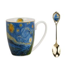 DUO ART GALLERY Klassischer Becher 360 ml mit Löffel STARRY NIGHT inspired by Van Gogh New Bone China Porzellan