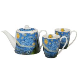 DUO ART GALLERY Teekanne mit 2 Bechern und Teesieb STARRY NIGHT inspired by Van Gogh, New Bone China Porzellan