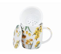 DUO Spring in bloom Becher 400 ml YELLOW FLOWERS mit Teesieb und Deckel, New Bone China Porzellan