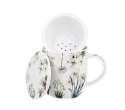 DUO Spring in bloom Becher 400 ml WHITE FLOWERS mit Teesieb und Deckel, New Bone China Porzellan