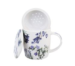 DUO Spring in bloom Becher 400 ml BLUE FLOWERS mit Teesieb und Deckel, New Bone China Porzellan