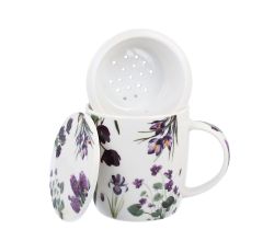 DUO Spring in bloom Becher 400 ml PURPLE FLOWERS mit Teesieb und Deckel, New Bone China Porzellan
