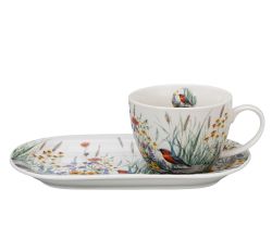 DUO Flowers Classic JULY Frühstücks-Set Tasse 450 ml mit langem Unterteller, New Bone China Porzellan