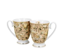DUO GOLDEN LINE 2er Set Becher mit Fuß 320 ml ENGLISH ROSES CREAM, New Bone China Porzellan
