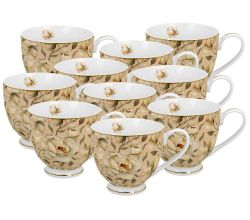 10er SET DUO GOLDEN LINE Becher mit Fuß 530 ml ENGLISH ROSES CREAM, New Bone China Porzellan