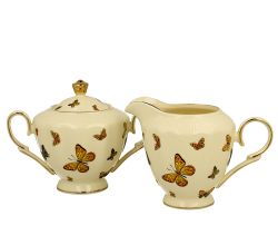 DUO ECRU BUTTERFLIES Zuckerdose und Milchkännchen, New Bone China Porzellan