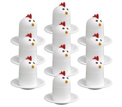 10er SET Eierköpfer im Chicken-Design inkl. Eierbecher und Warmhalter