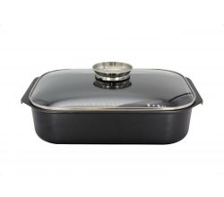 Aromabräter DELTA eckig 34,5 x 24 x 9 cm mit Glasdeckel und Aromaknopf, Aluguss, induktionsfähig / Bräter