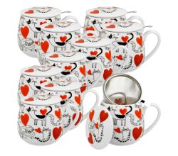10er SET DUO ANIMALS Fassbecher 430 ml CAT’S WORLD – HEARTS mit Teesieb, New Bone China Porzellan