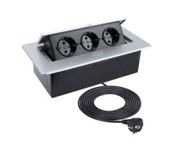 DesignLight KOMBI BOX aluminium 3-fach Einbausteckdose mit 1,5 m Kabel / KOMB-AL-3DE-1,5-03