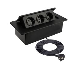 DesignLight KOMBI BOX schwarz 3-fach Einbausteckdose mit 3 m Kabel / KOMB-CZ-3DE-3,0-03