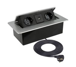 DesignLight KOMBI BOX aluminium 2-fach Einbausteckdose mit USB A + C inkl. Schnelladefunktion und 3 m Kabel / KOMB-AL-2DE-UAC-3,0-03