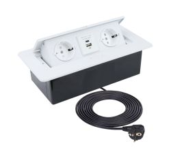 DesignLight KOMBI BOX weiß 2-fach Einbausteckdose mit USB A + C inkl. Schnelladefunktion und 3 m Kabel / KOMB-BI-2DE-UAC-3,0-03