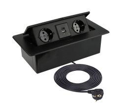 DesignLight KOMBI BOX schwarz 2-fach Einbausteckdose mit USB A + C inkl. Schnelladefunktion und 3 m Kabel / KOMB-CZ-2DE-UAC-3,0-03