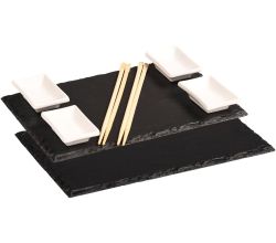 KESPER 38140 Sushi-Set / Buffetplatten, 2 Schieferplatten mit 4 Dipschalen + 10 Ess-Stäbchen