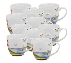 10er SET DUO Seaside Becher 460 ml LIGHTHOUSE (Leuchtturm) in Tragetasche, New Bone China Porzellan