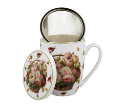 DUO Becher 360 ml BASKET OF FLOWERS PEONIES mit Teesieb, New Bone China Porzellan
