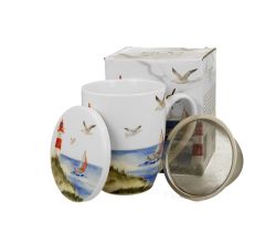 DUO Seaside Becher 360 ml LIGHTHOUSE (Leuchtturm) mit Teesieb, New Bone China Porzellan