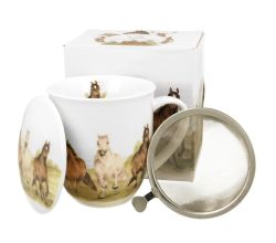 DUO World of Animals PFERDE (Horses at Gallop) 400 ml Becher mit Teesieb New Bone China Porzellan