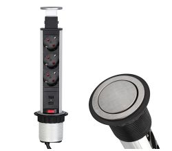 DesignLight LIFTBOX Edelstahloptik mit 3x Schuko und 2x USB / versenkbare Möbelsteckdose / Mehrfachsteckdose