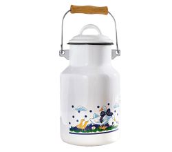 Milchkanne GÄNSEGLÜCK 2 Liter mit Deckel und Tragegriff, Emaille weiß mit Gänsemotiv, innen weiß mit schwarzem Rand