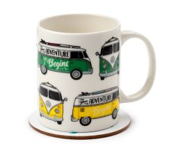 Puckator Volkswagen VW T1 Bulli Tasse & Untersetzer Set aus Porzellan, 300 ml / Becher