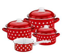 Bemus Emaille Kochtopf-Set DOTS 7tlg., rot mit weißen Punkten