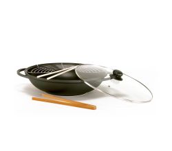Aluguss Wok LEIPZIG Ø 36 cm mit Glasdeckel und Zubehör / Karl Krüger