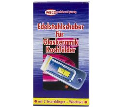 Edelstahlschaber SET 4tlg für Glaskeramik Kochfelder / WECO / Reinigungsset / Ersatzklingen / Wischtuch