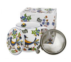 DUO ETNO Fassbecher 430 ml KASHUBIAN BIRD mit Teesieb, New Bone China Porzellan