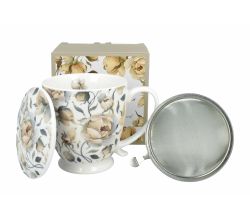 DUO Becher ENGLISH ROSES WHITE mit Fuß, 500 ml, inkl. Deckel und Teesieb, New Bone China Porzellan