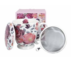 DUO Becher SPRING ROSES WHITE mit Fuß, 500 ml, inkl. Deckel und Teesieb, New Bone China Porzellan