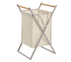 ZELLER 14298 Wäschesammler, klappbar, Metall/Holz/Polyester, greige, ca. 36,5 x 40 x 67 cm