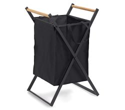 ZELLER 14299 Wäschesammler, klappbar, Metall/Holz/Polyester, schwarz, ca. 36,5 x 40 x 67 cm