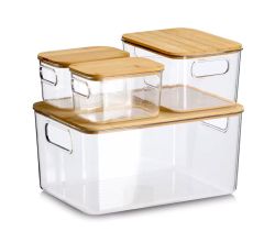 ZELLER 15208 Aufbewahrungsboxen-Set, 4-tlg. aus Kunststoff transparent mit Bambusdeckel