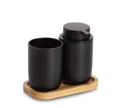 ZELLER 18793 Bad-Accessoires-Set, 3-tlg. schwarz, Kunststoff/Bambus, ca. 16,5 x 9 x 13,5 cm