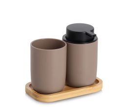 ZELLER 18794 Bad-Accessoires-Set, 3-tlg. braun, Kunststoff/Bambus, ca. 16,5 x 9 x 13,5 cm