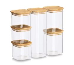 ZELLER 19053 Vorratsglas-Set 6-tlg. aus Borosilikatglas mit Bambusdeckel, ca. 31 × 11 × 28 cm