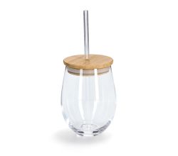 ZELLER 19647 Trinkglas mit Bambusdeckel und Glasstrohhalm, Ø 9,2 x 12,6 cm