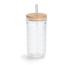 ZELLER 19648 Trinkglas mit Bambusdeckel und Glastrinkhalm, Ø 8,9 x 16,4 cm