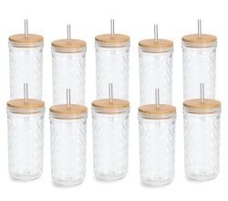10er SET ZELLER 19648 Trinkglas mit Bambusdeckel und Glastrinkhalm, Ø 8,9 x 16,4 cm
