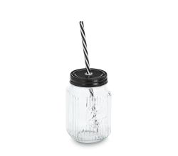 ZELLER 19653 Trinkglas 480 ml mit Metalldeckel und Strohhalm, ca. Ø 8 x 13 cm