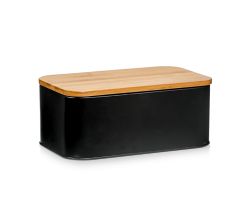 ZELLER 25372 Brotkasten mit Bambusdeckel, Metall, matt schwarz, 31 x 18 x 12,5 cm