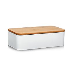 ZELLER 25375 Brotkasten mit Bambusdeckel, Metall, matt weiß, 42,5 x 23 x 13 cm