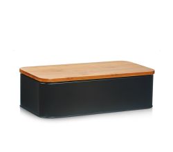 ZELLER 25377 Brotkasten mit Bambusdeckel, Metall, matt schwarz, 42,5 x 23 x 13 cm